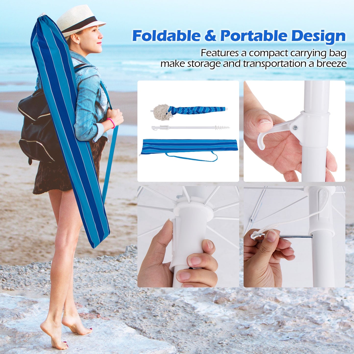 6.5 FT Beach Umbrella with Fringe Outdoor Tassel Umbrella with Push Button Tilt-Navy Kids Crystal
