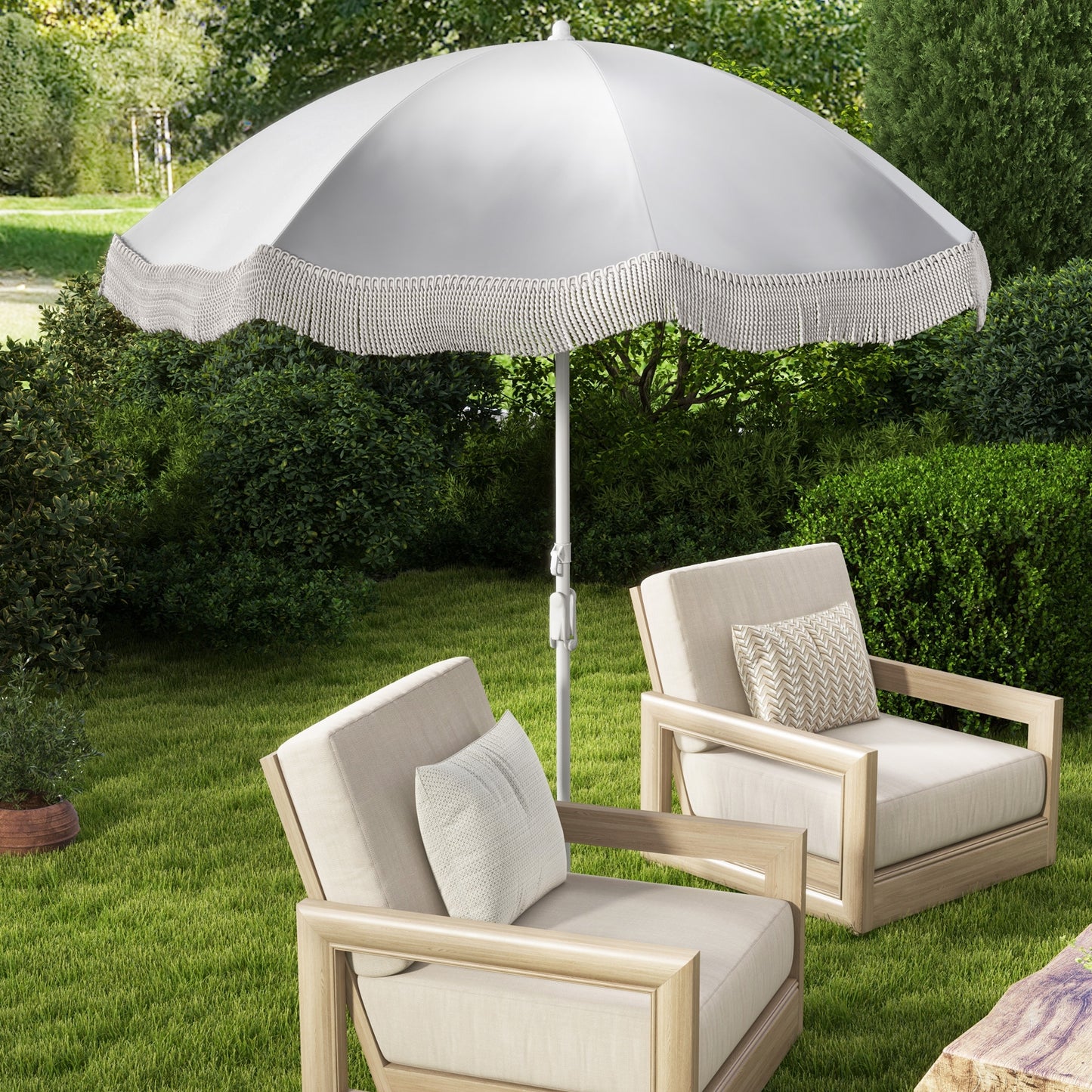 6.5 FT Beach Umbrella with Fringe Outdoor Tassel Umbrella with Push Button Tilt-White Kids Crystal