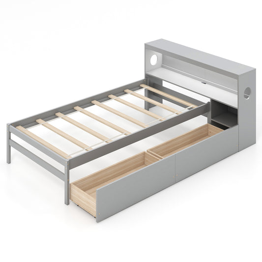 Twin Size Bed Frame with LED Light and Bookcase Headboard-Gray Kids Crystal