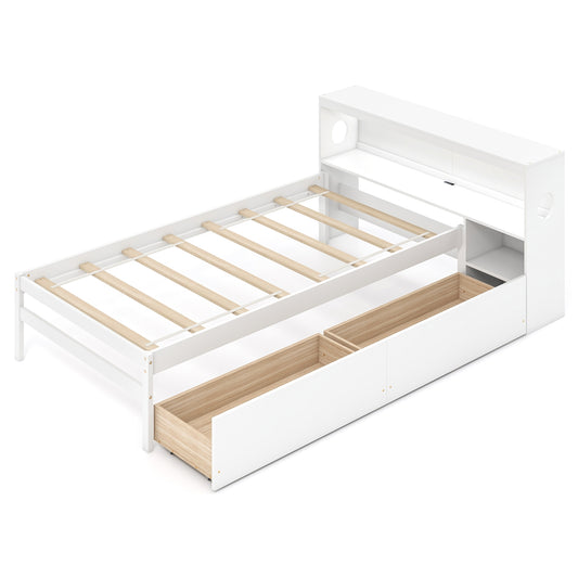 Twin Size Bed Frame with LED Light and Bookcase Headboard-White Kids Crystal