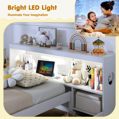 Twin Size Bed Frame with LED Light and Bookcase Headboard-White