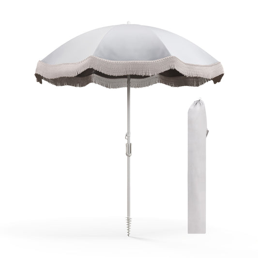 6.5 FT Beach Umbrella with Fringe Outdoor Tassel Umbrella with Push Button Tilt-White Kids Crystal