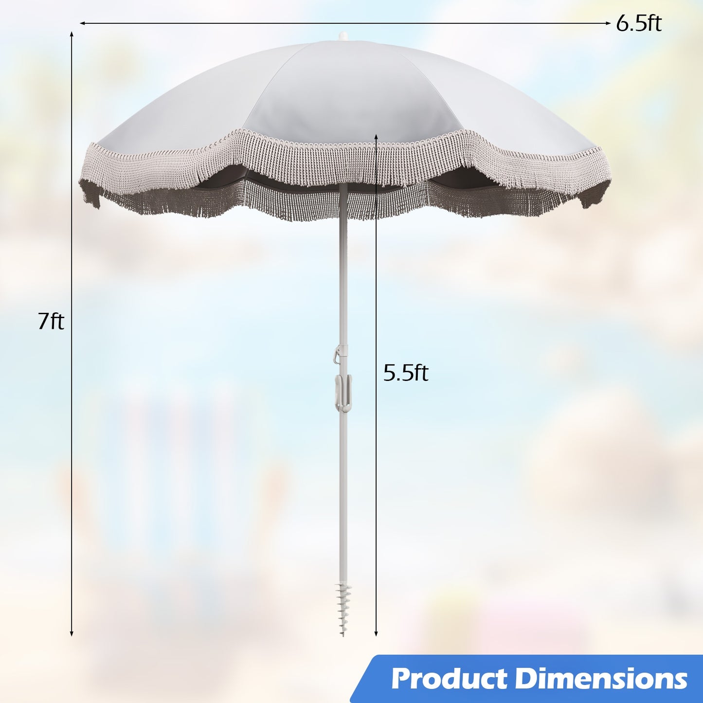 6.5 FT Beach Umbrella with Fringe Outdoor Tassel Umbrella with Push Button Tilt-White Kids Crystal