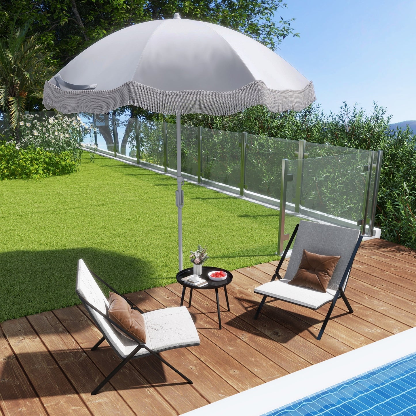 6.5 FT Beach Umbrella with Fringe Outdoor Tassel Umbrella with Push Button Tilt-White Kids Crystal