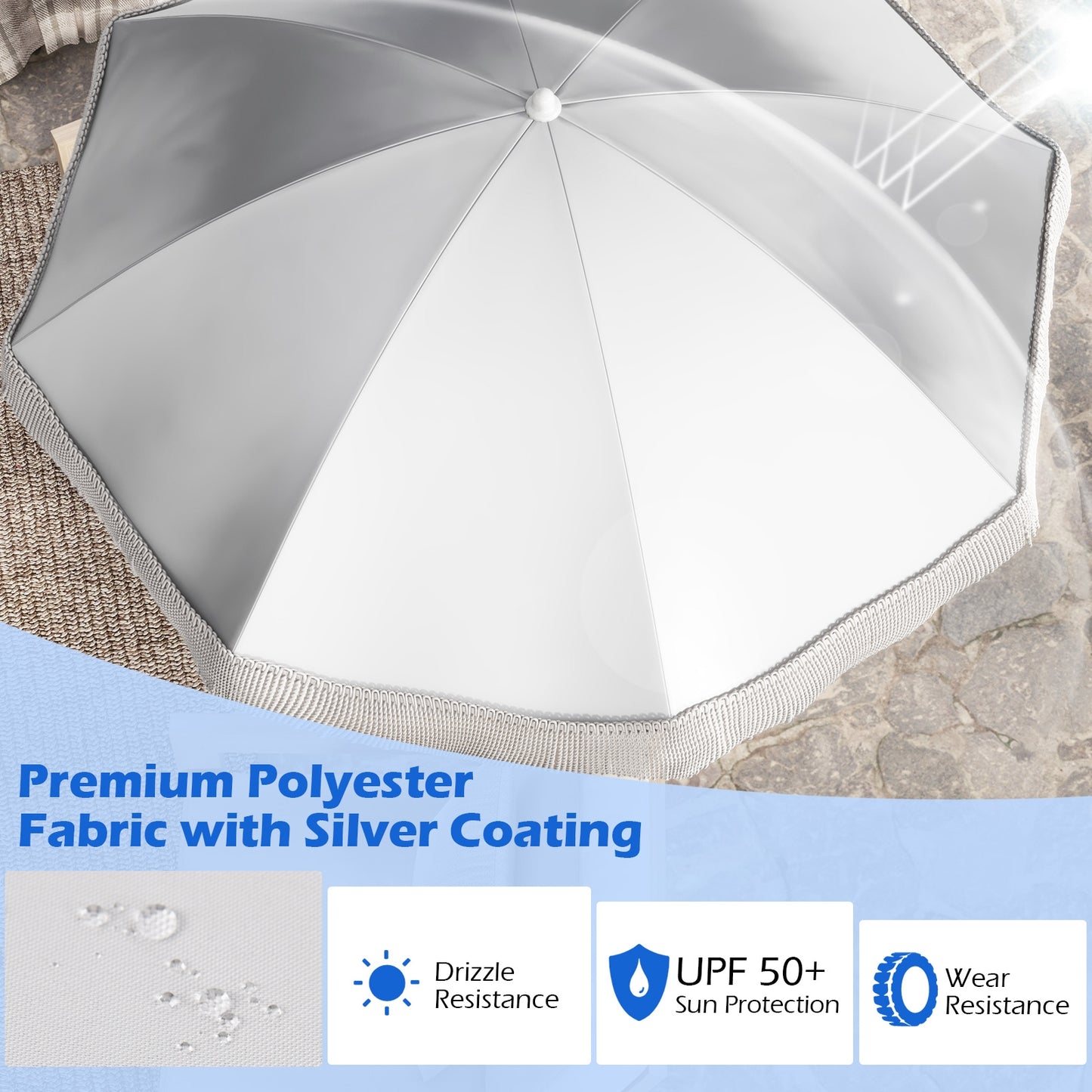 6.5 FT Beach Umbrella with Fringe Outdoor Tassel Umbrella with Push Button Tilt-White Kids Crystal