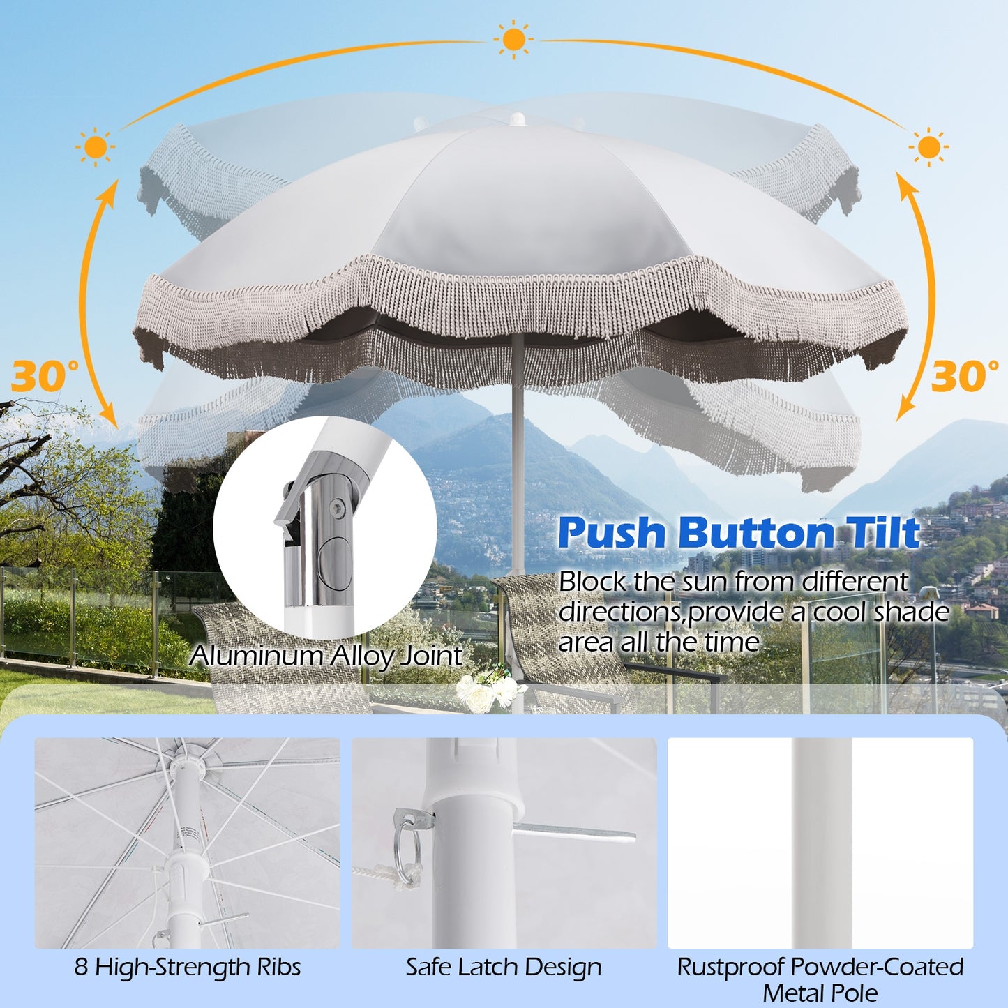 6.5 FT Beach Umbrella with Fringe Outdoor Tassel Umbrella with Push Button Tilt-White Kids Crystal