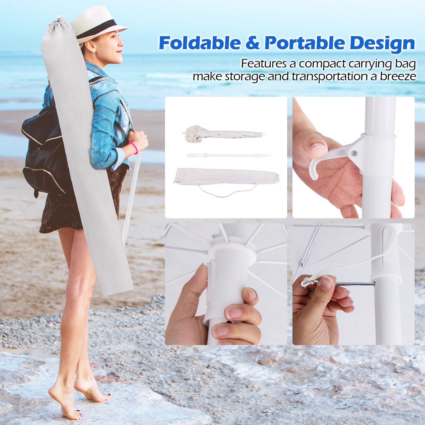 6.5 FT Beach Umbrella with Fringe Outdoor Tassel Umbrella with Push Button Tilt-White Kids Crystal