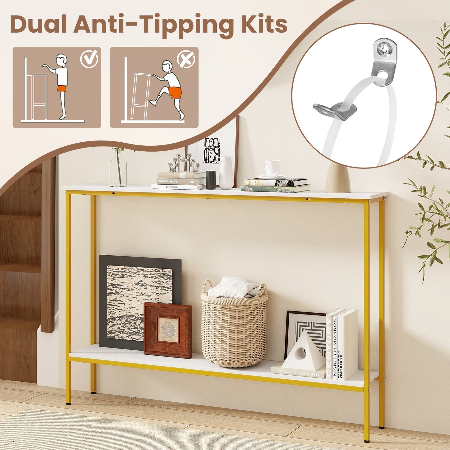 44 Inch Console Table with Shelf with Dual Anti-Tipping Kits-White Kids Crystal