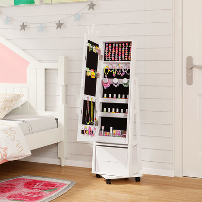 Kids Jewelry Armoire Cabinet with Swivel Base and Lockable Universal Wheels-White