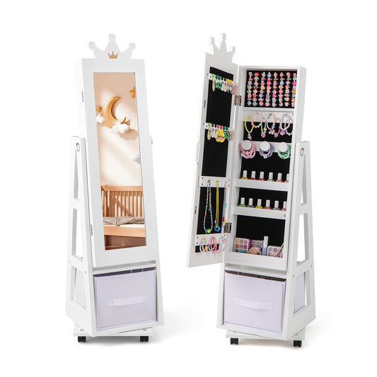 Kids Jewelry Armoire Cabinet with Swivel Base and Lockable Universal Wheels-White Kids Crystal