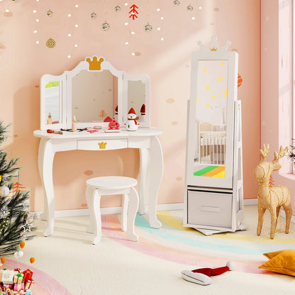 Kids Jewelry Armoire Cabinet with Large Storage Capacity and Swivel Base-White