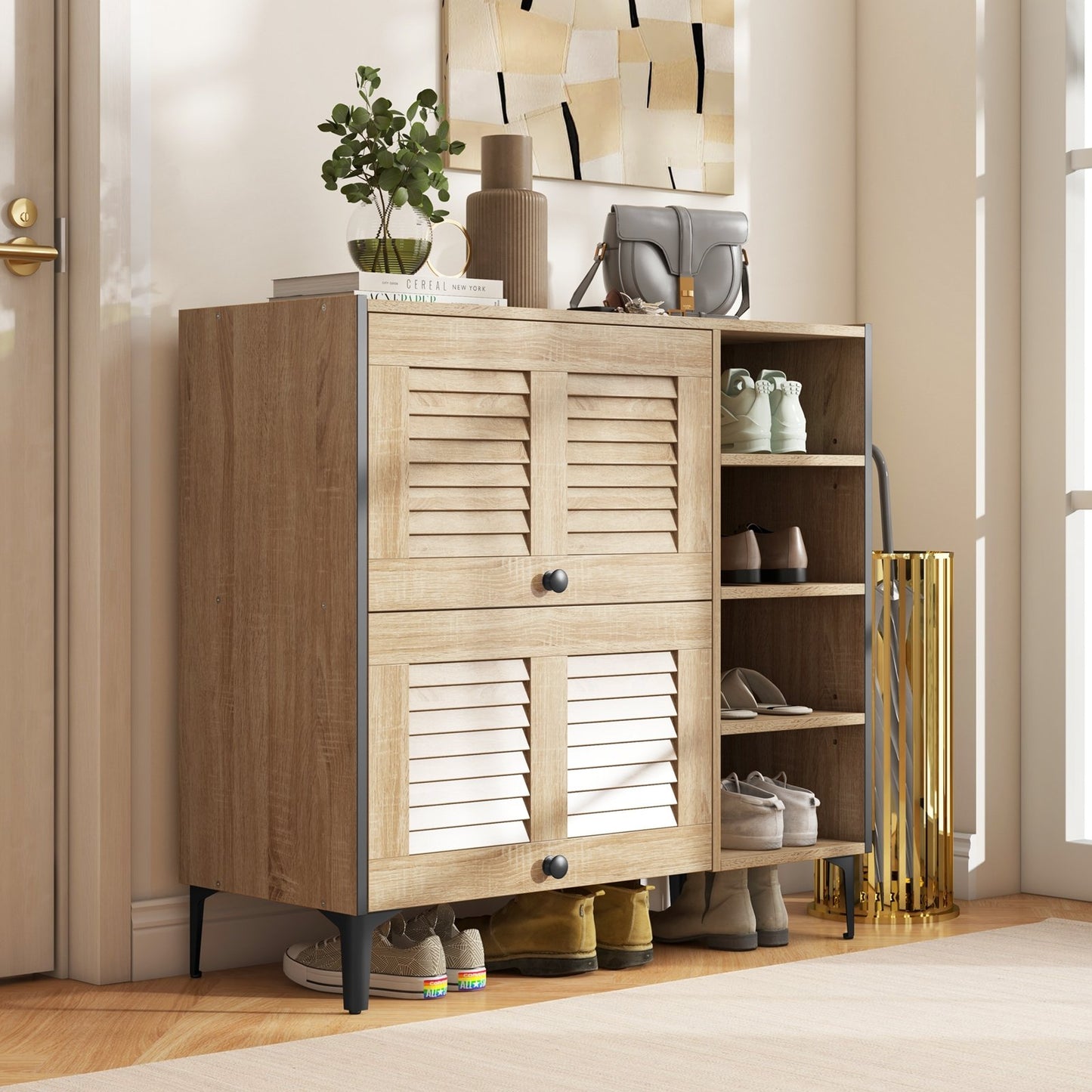 Shoe Rack Organizer with Flip-up See-through Doors and Adjustable Shelves-Oak Kids Crystal