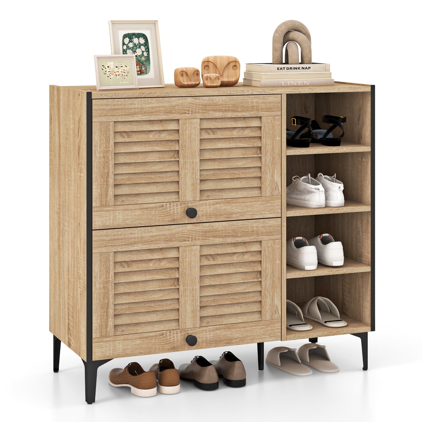 Shoe Rack Organizer with Flip-up See-through Doors and Adjustable Shelves-Oak Kids Crystal