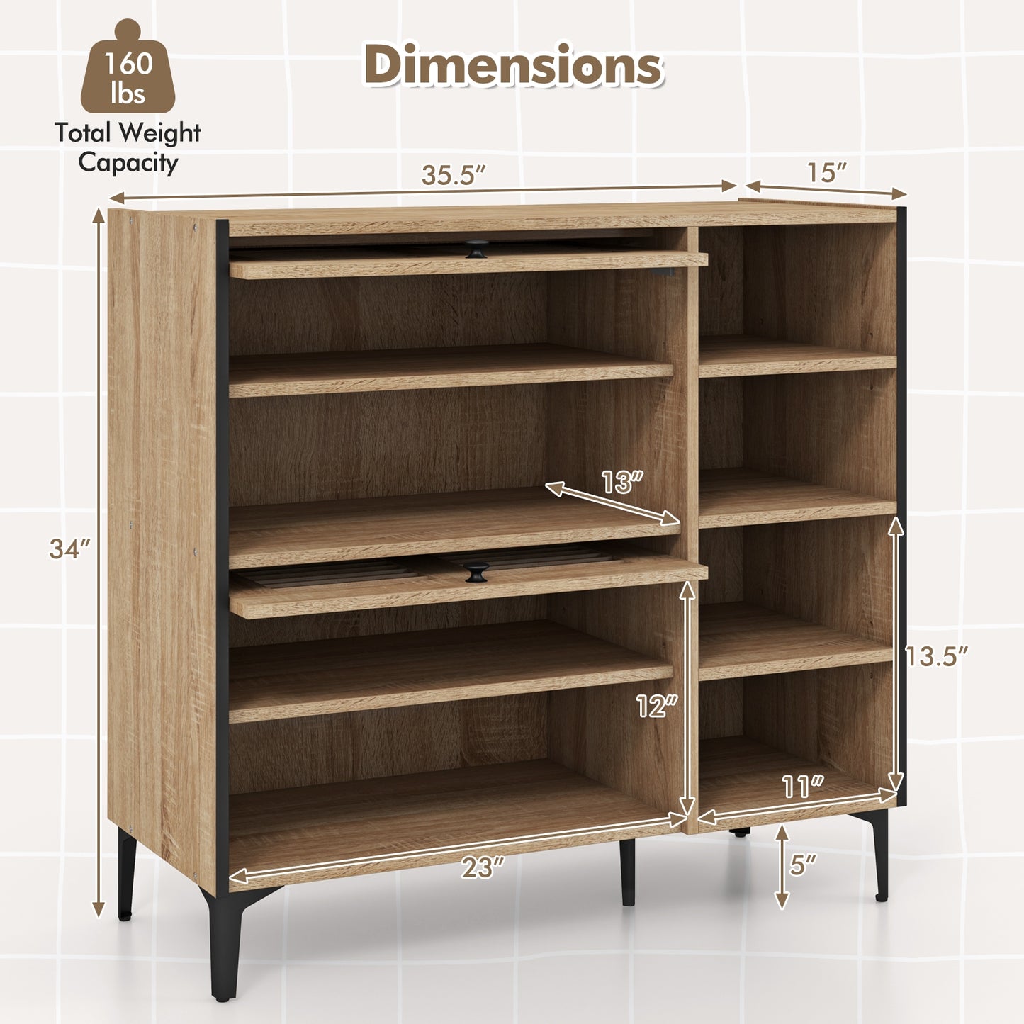 Shoe Rack Organizer with Flip-up See-through Doors and Adjustable Shelves-Oak Kids Crystal