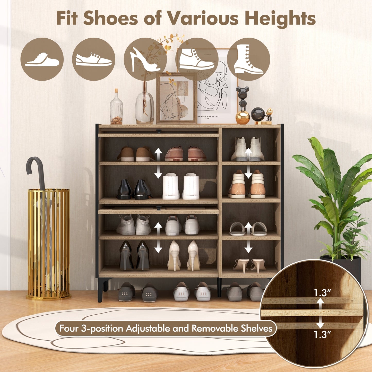Shoe Rack Organizer with Flip-up See-through Doors and Adjustable Shelves-Oak Kids Crystal