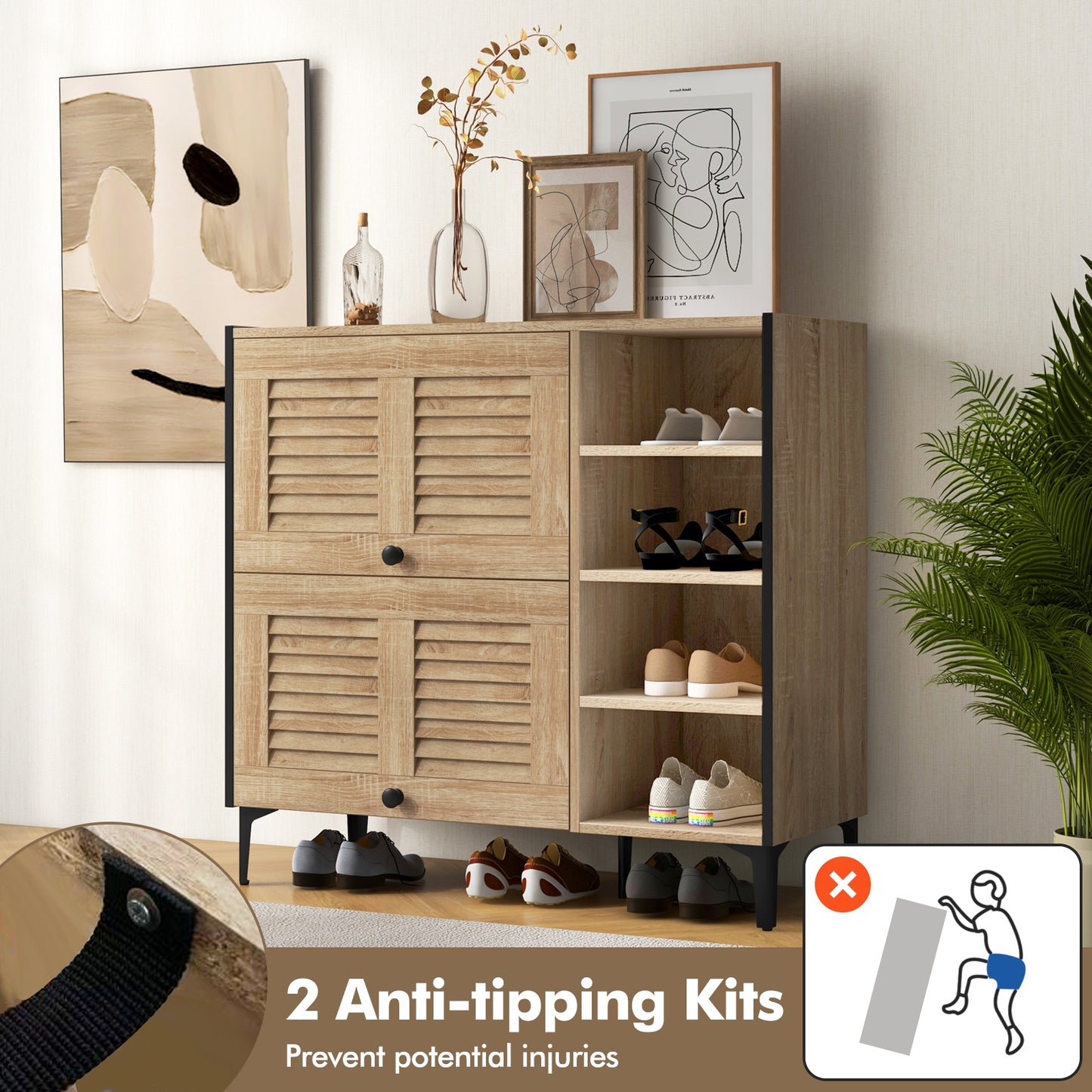 Shoe Rack Organizer with Flip-up See-through Doors and Adjustable Shelves-Oak Kids Crystal