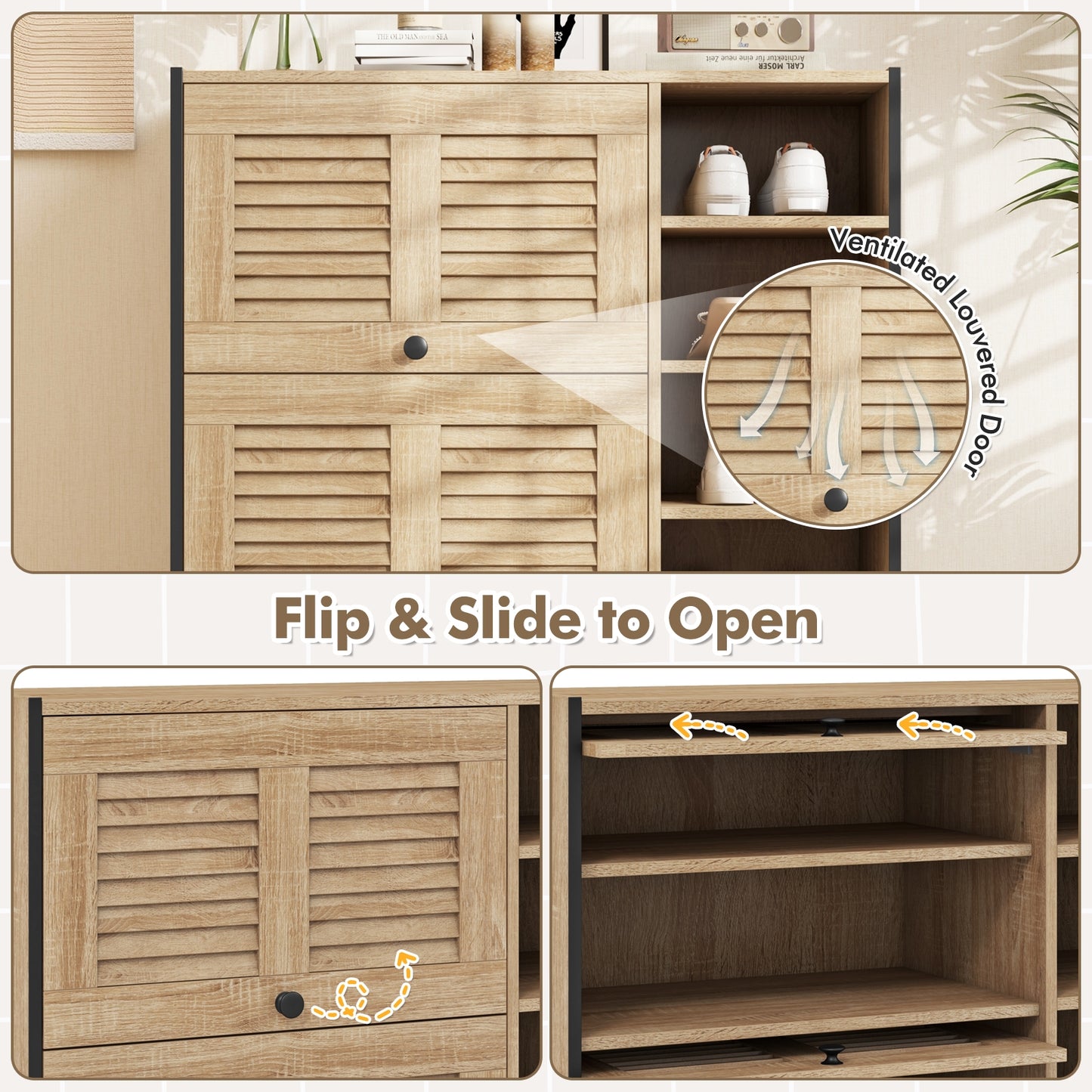 Shoe Rack Organizer with Flip-up See-through Doors and Adjustable Shelves-Oak Kids Crystal