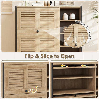 Shoe Rack Organizer with Flip-up See-through Doors and Adjustable Shelves-Oak