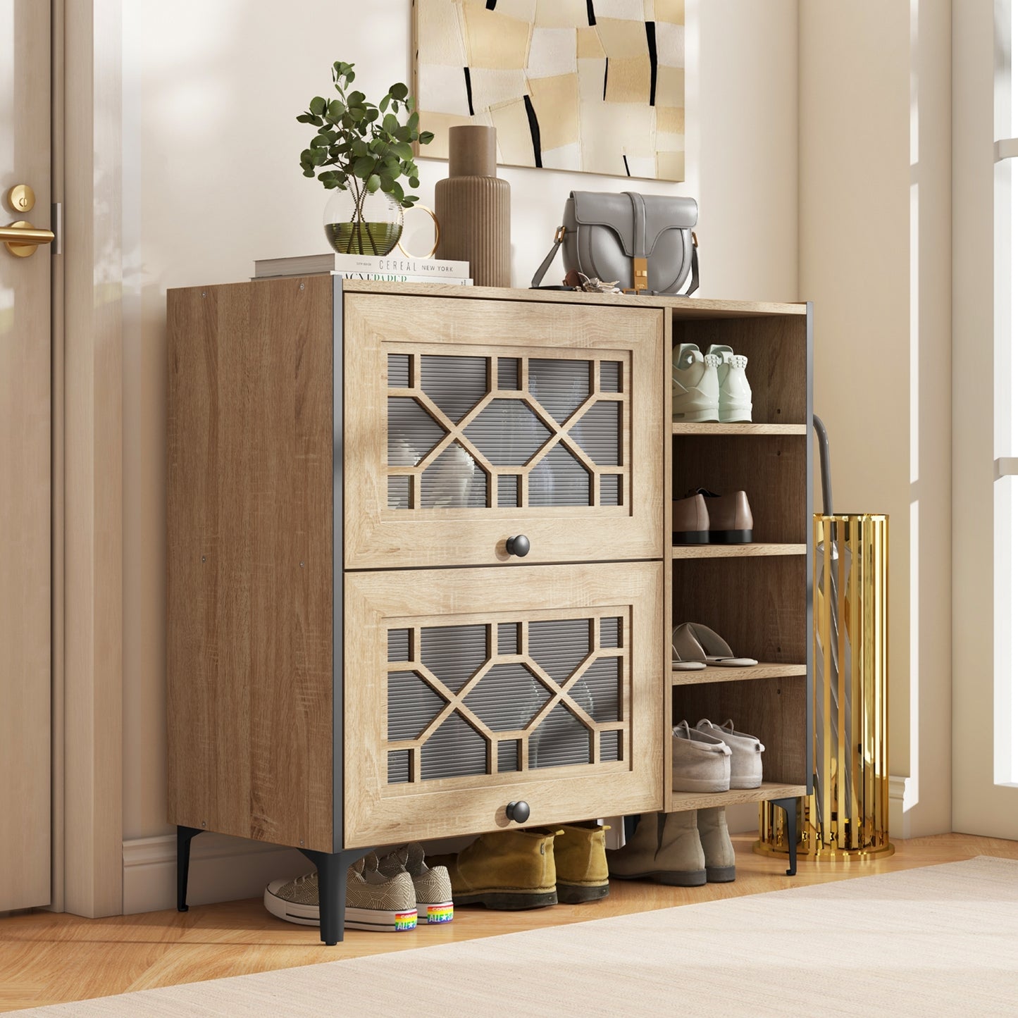 Rustic Shoe Cabinet with Flip-up See-through Doors and Adjustable Shelves-Oak Kids Crystal