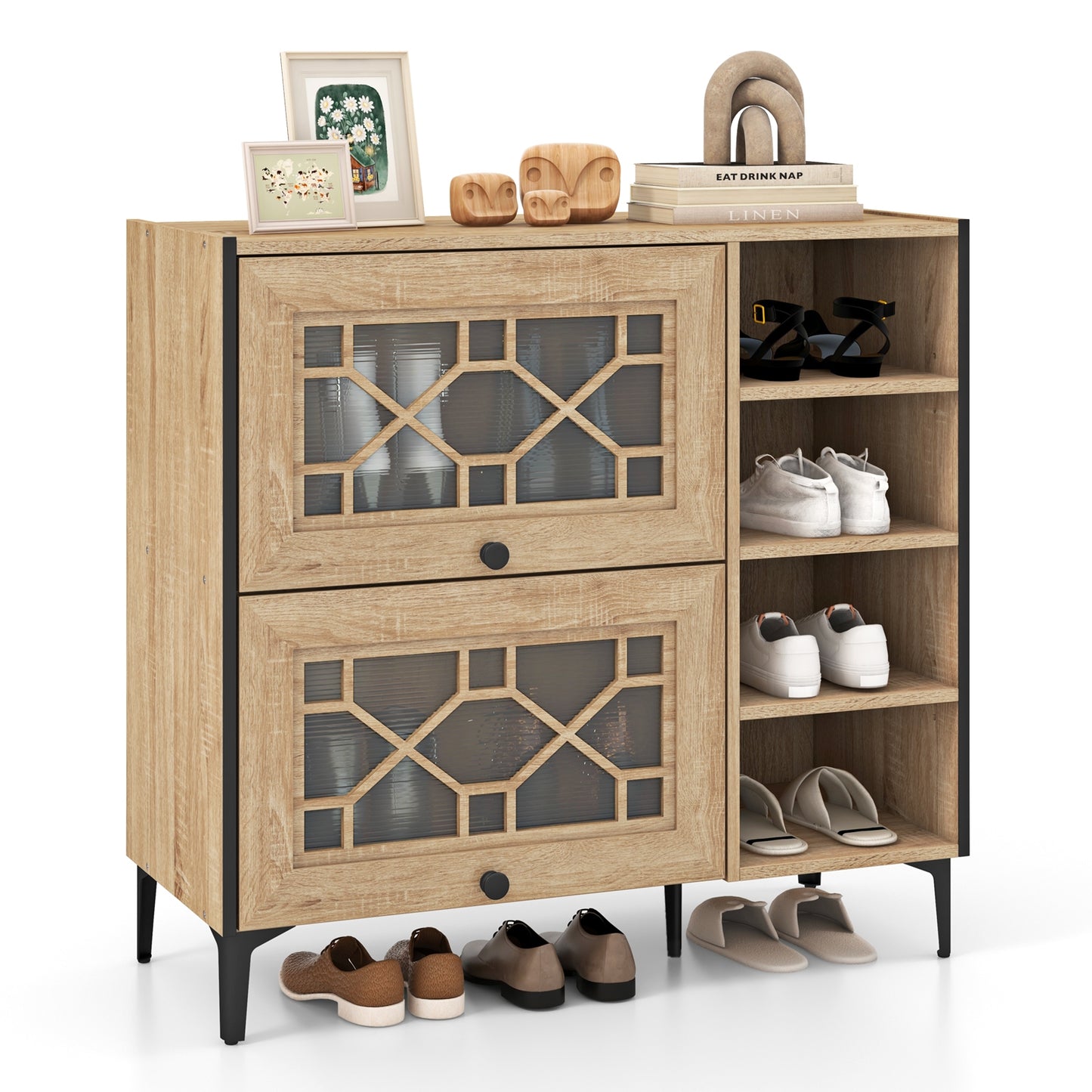 Rustic Shoe Cabinet with Flip-up See-through Doors and Adjustable Shelves-Oak Kids Crystal