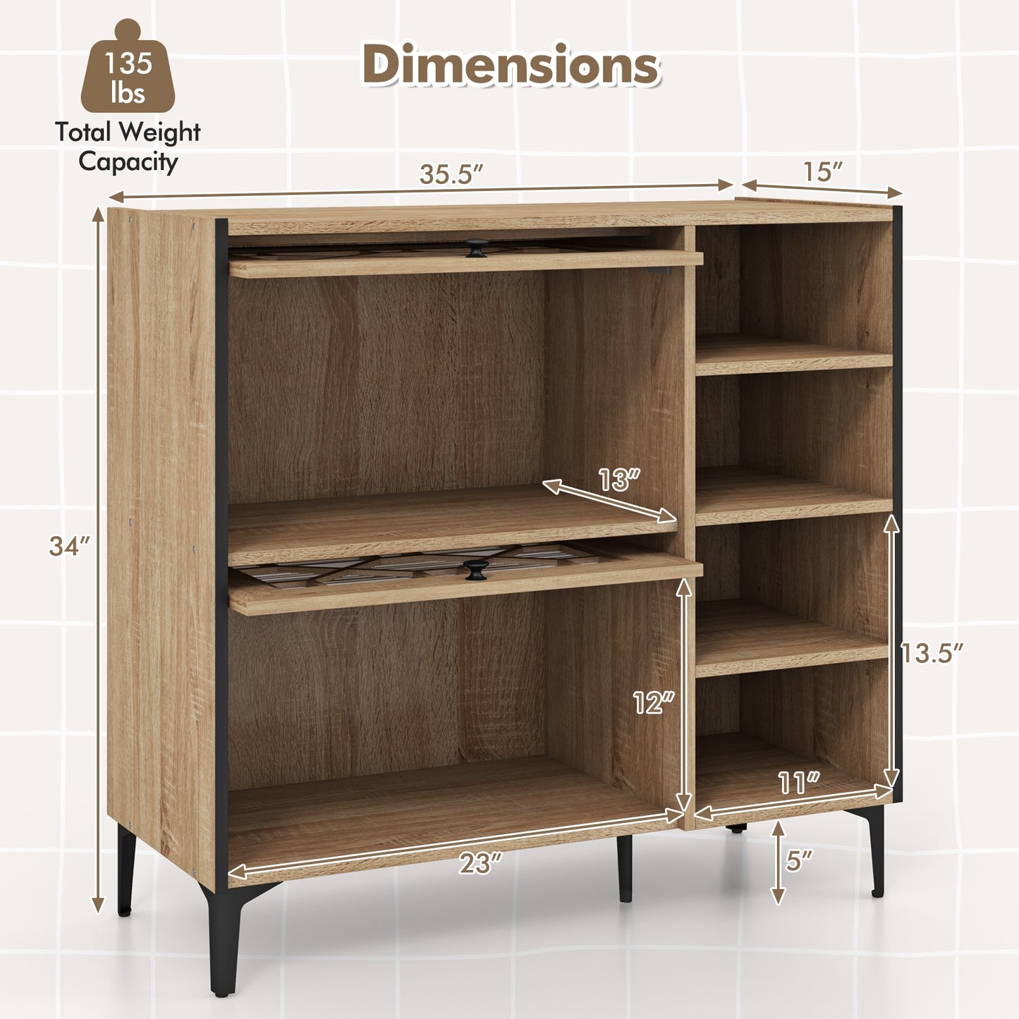 Rustic Shoe Cabinet with Flip-up See-through Doors and Adjustable Shelves-Oak Kids Crystal