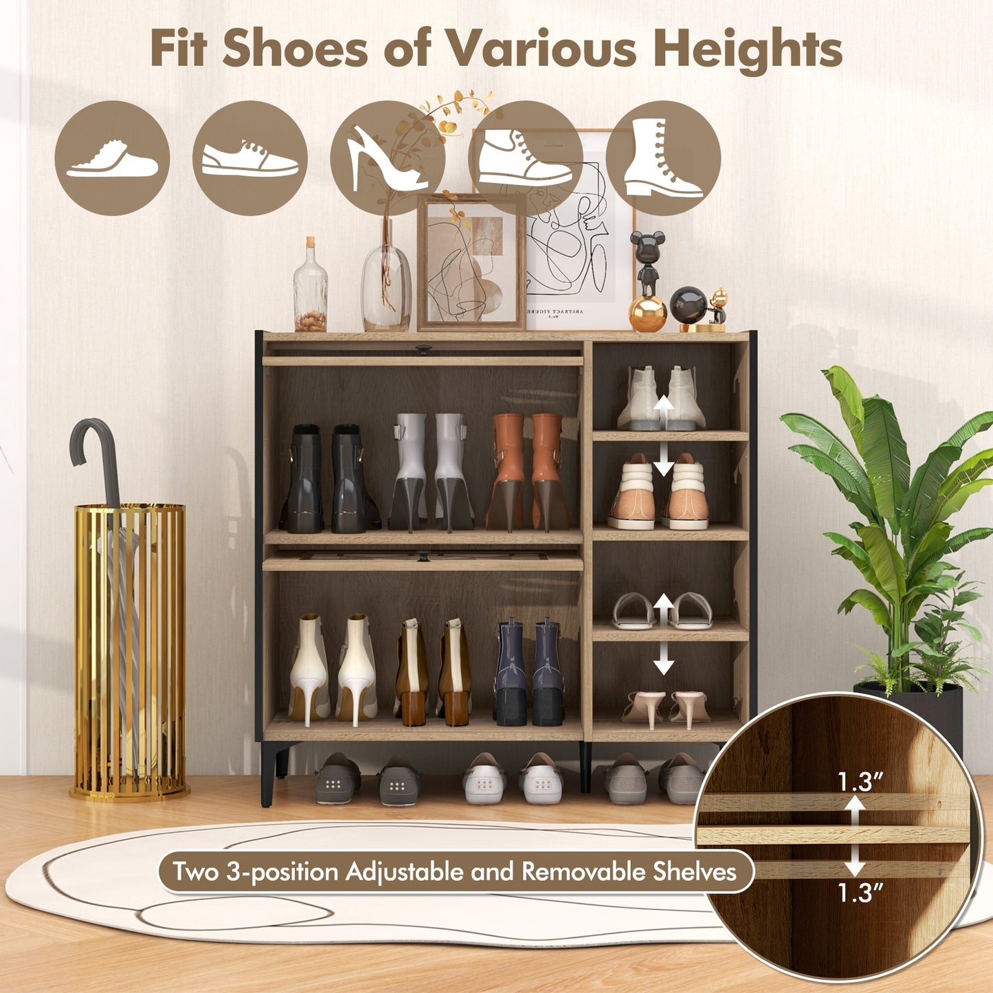 Rustic Shoe Cabinet with Flip-up See-through Doors and Adjustable Shelves-Oak Kids Crystal