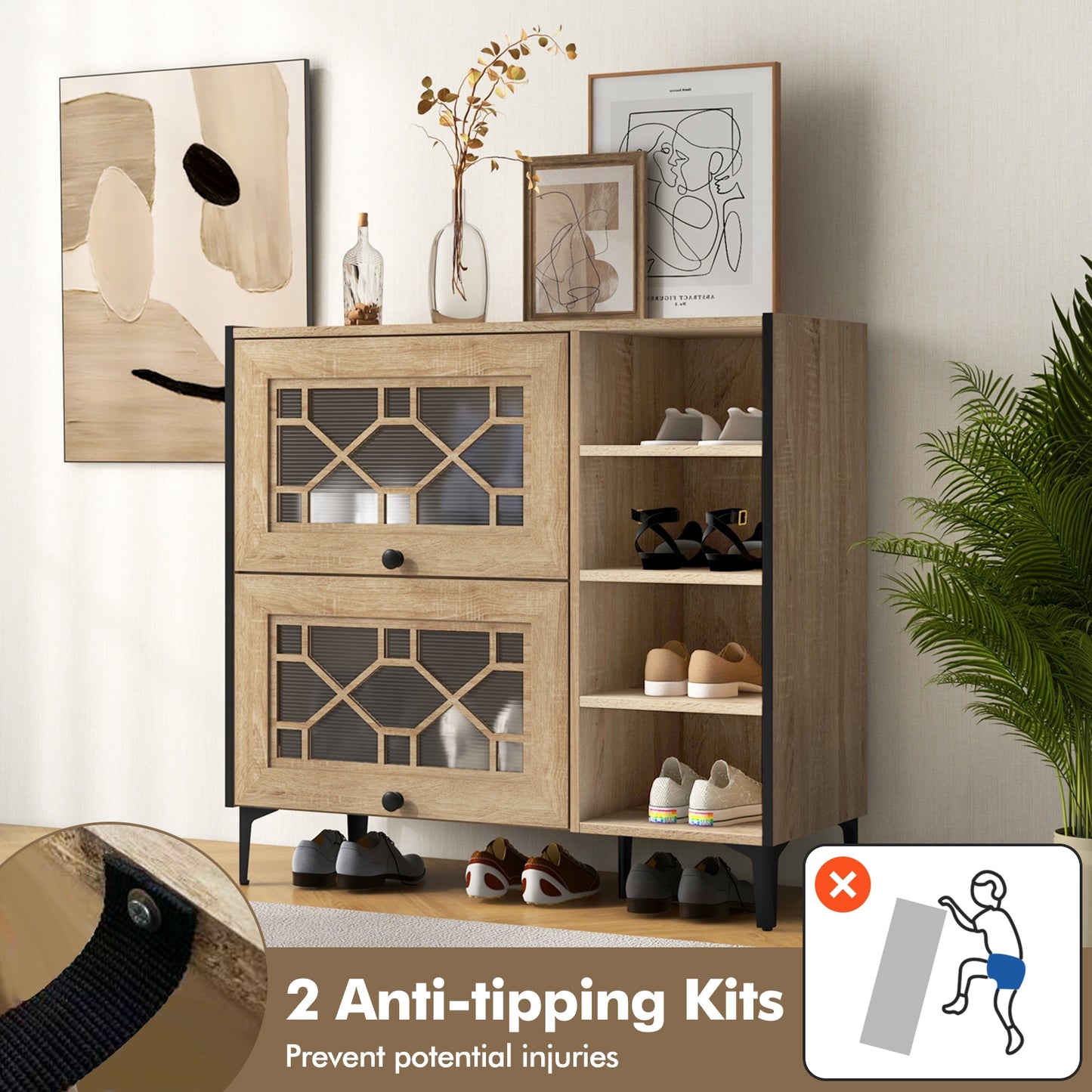 Rustic Shoe Cabinet with Flip-up See-through Doors and Adjustable Shelves-Oak Kids Crystal