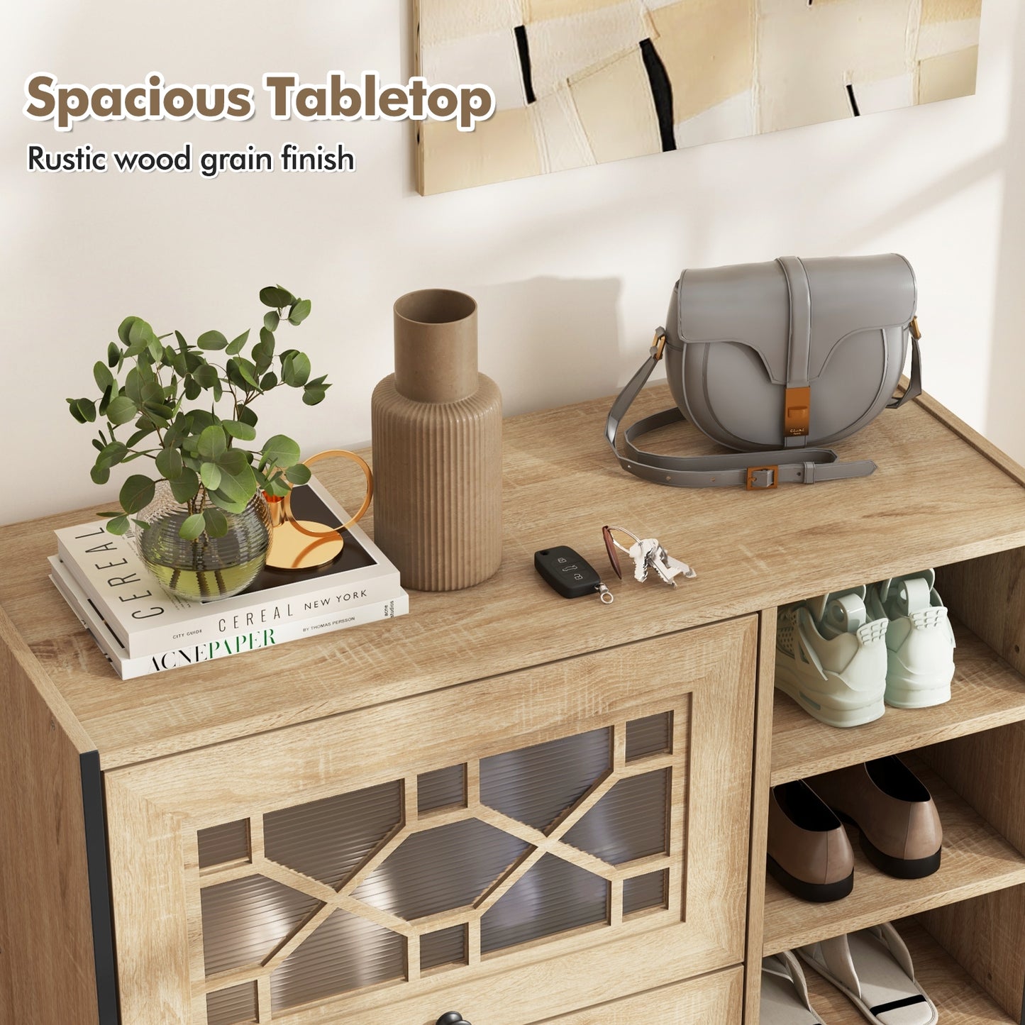 Rustic Shoe Cabinet with Flip-up See-through Doors and Adjustable Shelves-Oak Kids Crystal