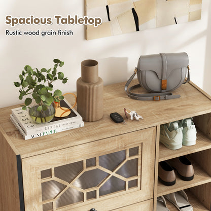 Rustic Shoe Cabinet with Flip-up See-through Doors and Adjustable Shelves-Oak
