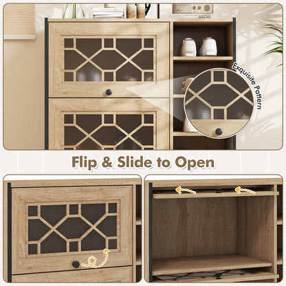 Rustic Shoe Cabinet with Flip-up See-through Doors and Adjustable Shelves-Oak