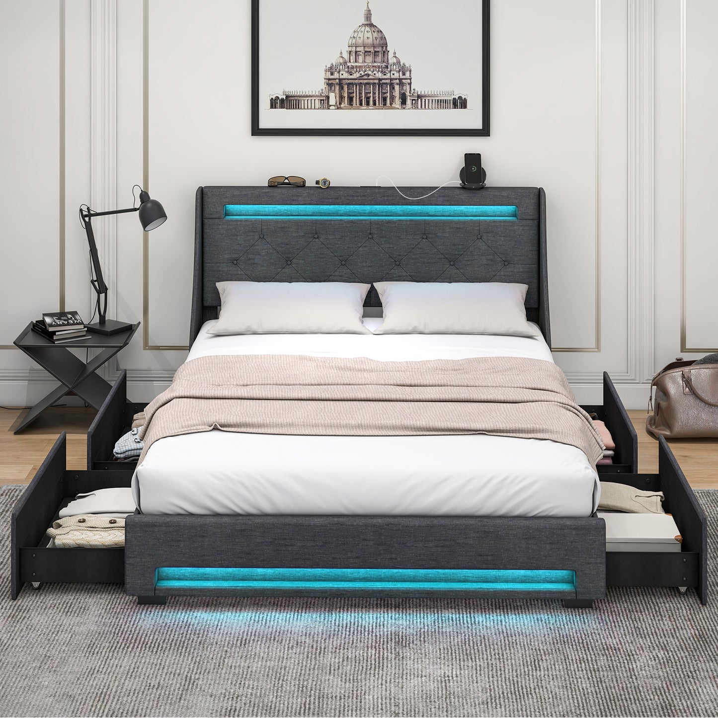 Queen Size Upholstered Platform Bed Frame with LED Lights and Charging Station-Grey Kids Crystal