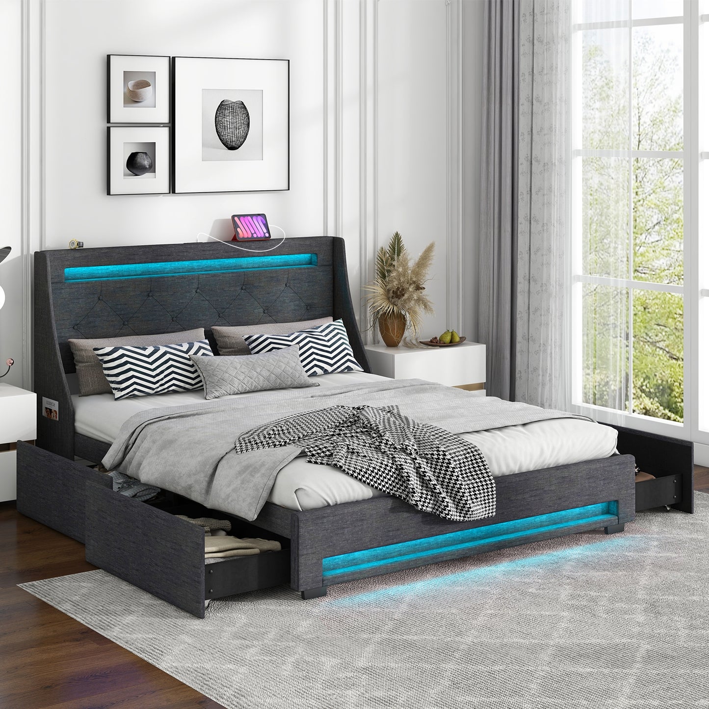 Queen Size Upholstered Platform Bed Frame with LED Lights and Charging Station-Grey Kids Crystal