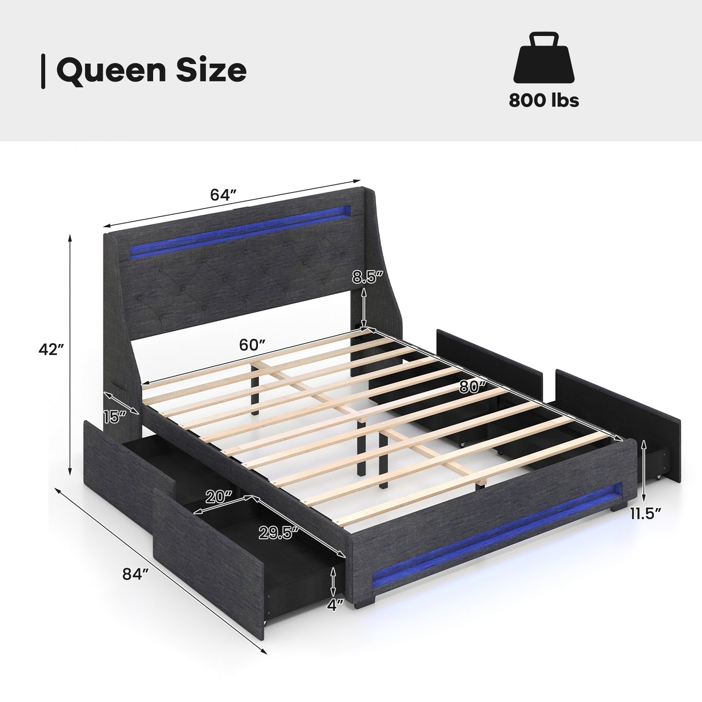 Queen Size Upholstered Platform Bed Frame with LED Lights and Charging Station-Grey Kids Crystal