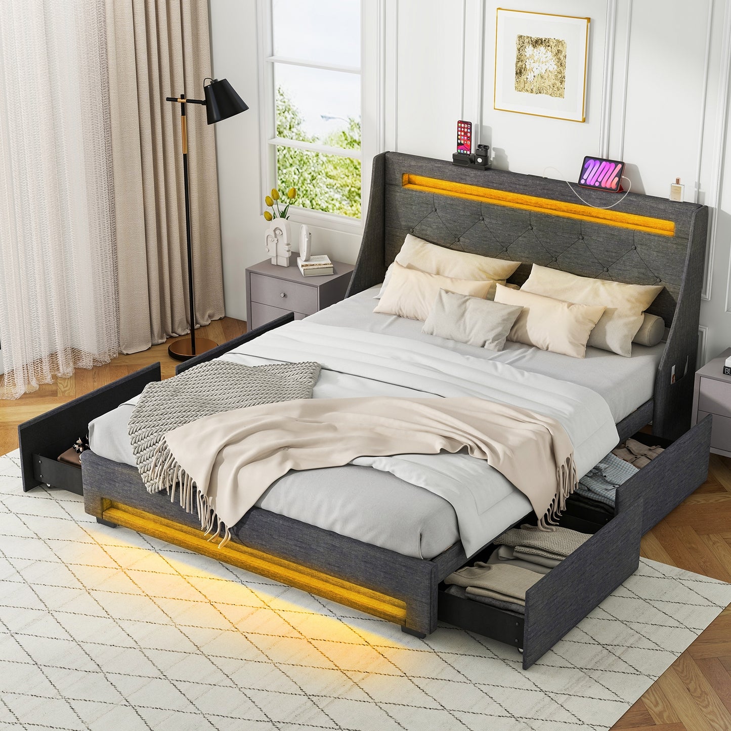 Queen Size Upholstered Platform Bed Frame with LED Lights and Charging Station-Grey Kids Crystal