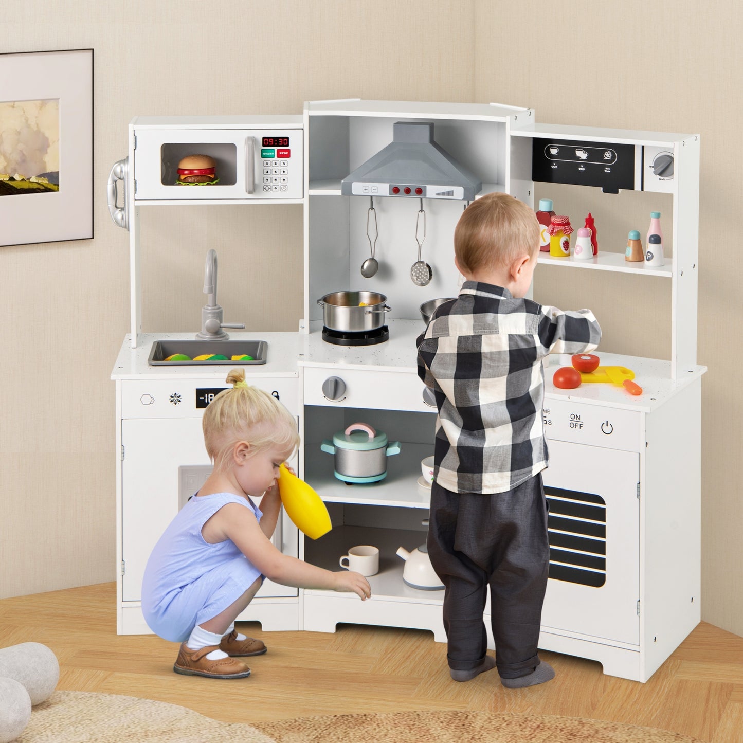 Pretend Play Kitchen Wooden Toy Set with Range Hood Real Sounds and Lights-White Kids Crystal