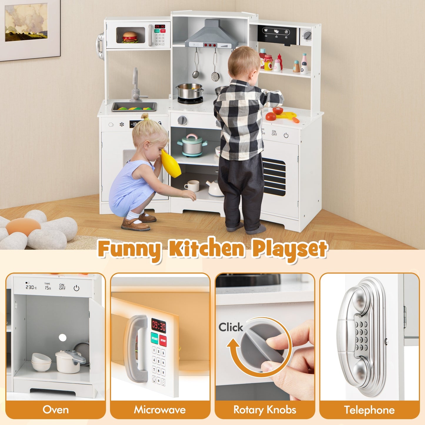 Pretend Play Kitchen Wooden Toy Set with Range Hood Real Sounds and Lights-White Kids Crystal
