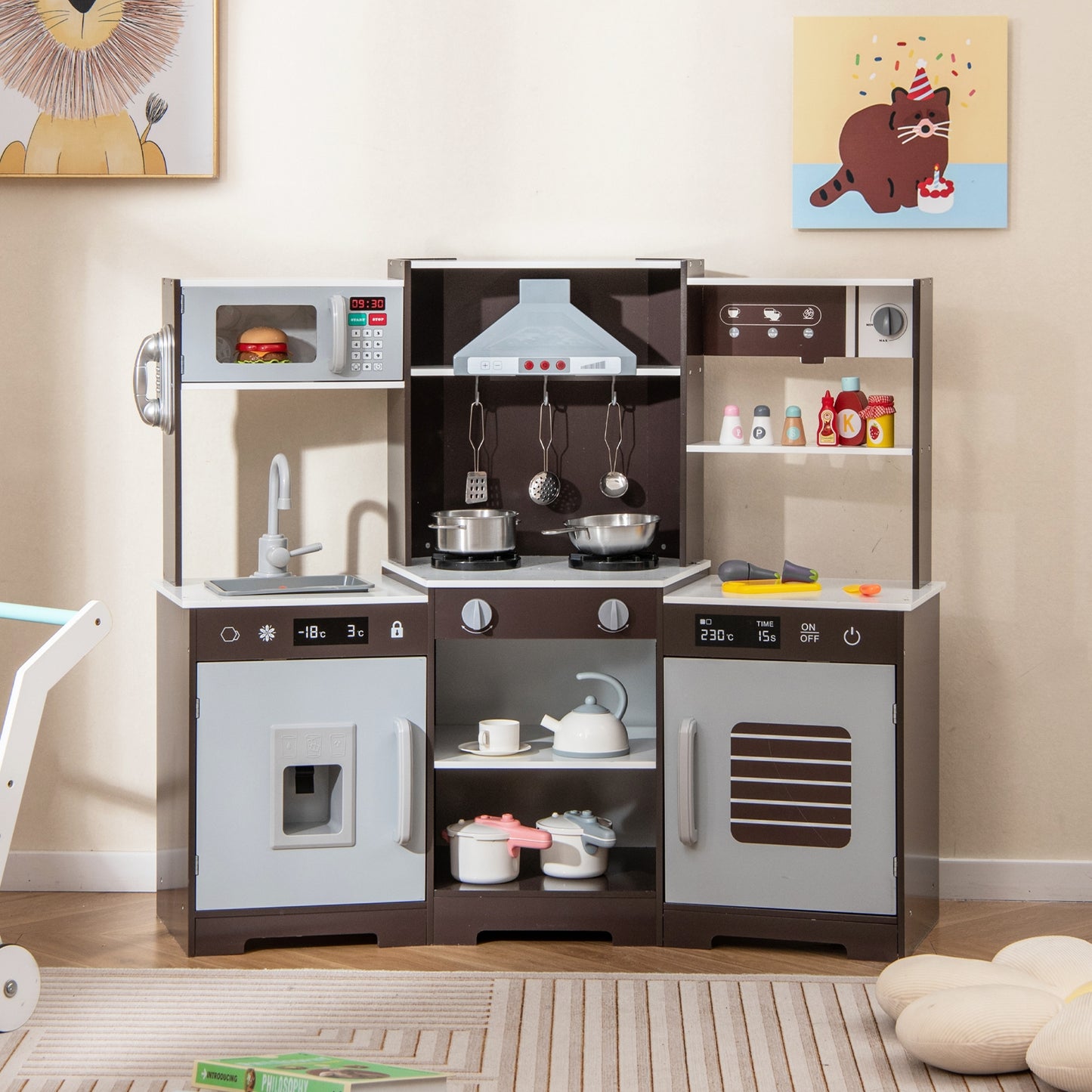 Pretend Play Kitchen Wooden Toy Set with Range Hood Real Sounds and Lights-Brown Kids Crystal