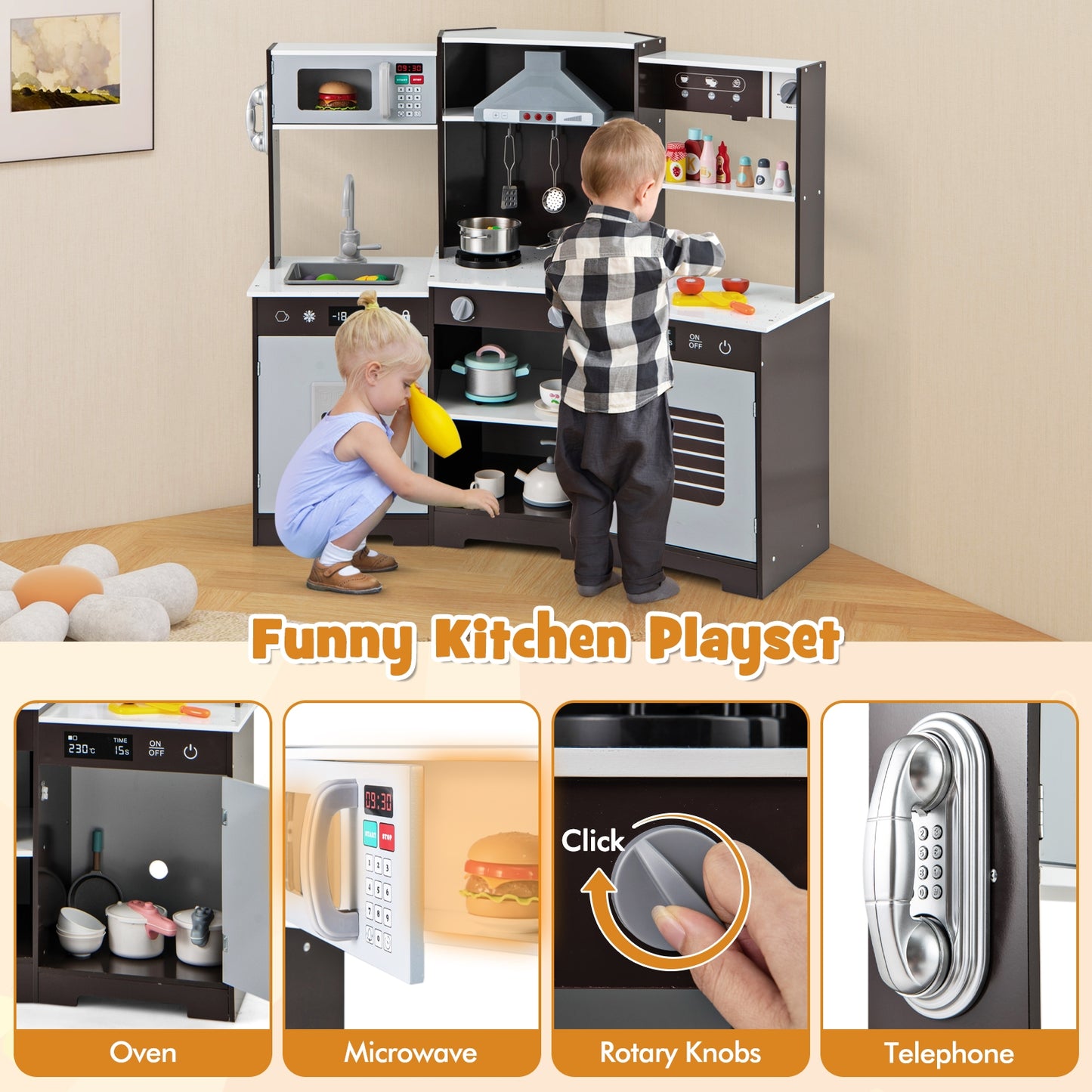 Pretend Play Kitchen Wooden Toy Set with Range Hood Real Sounds and Lights-Brown Kids Crystal