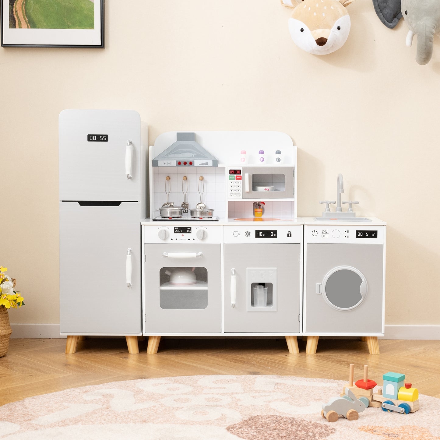 Kids Kitchen Playset 3-in-1 with Refrigerator and Washing Machine-Gray Kids Crystal
