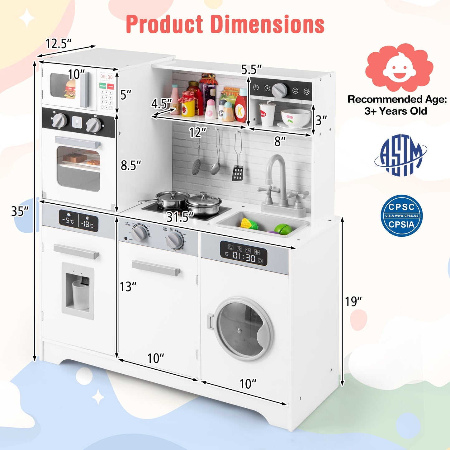 Pretend Play Kitchen Wooden Toy Set Kitchen Accessory Playset with Real Lights Sounds-White Kids Crystal