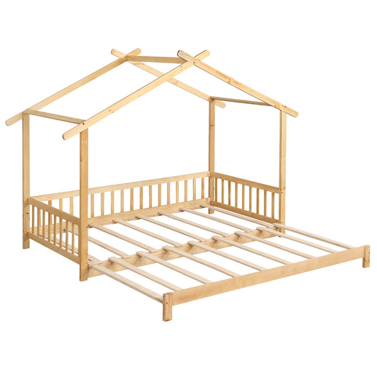 Extendable House Bed Twin to King Daybed with Roof and Fence Rails-Natural Kids Crystal
