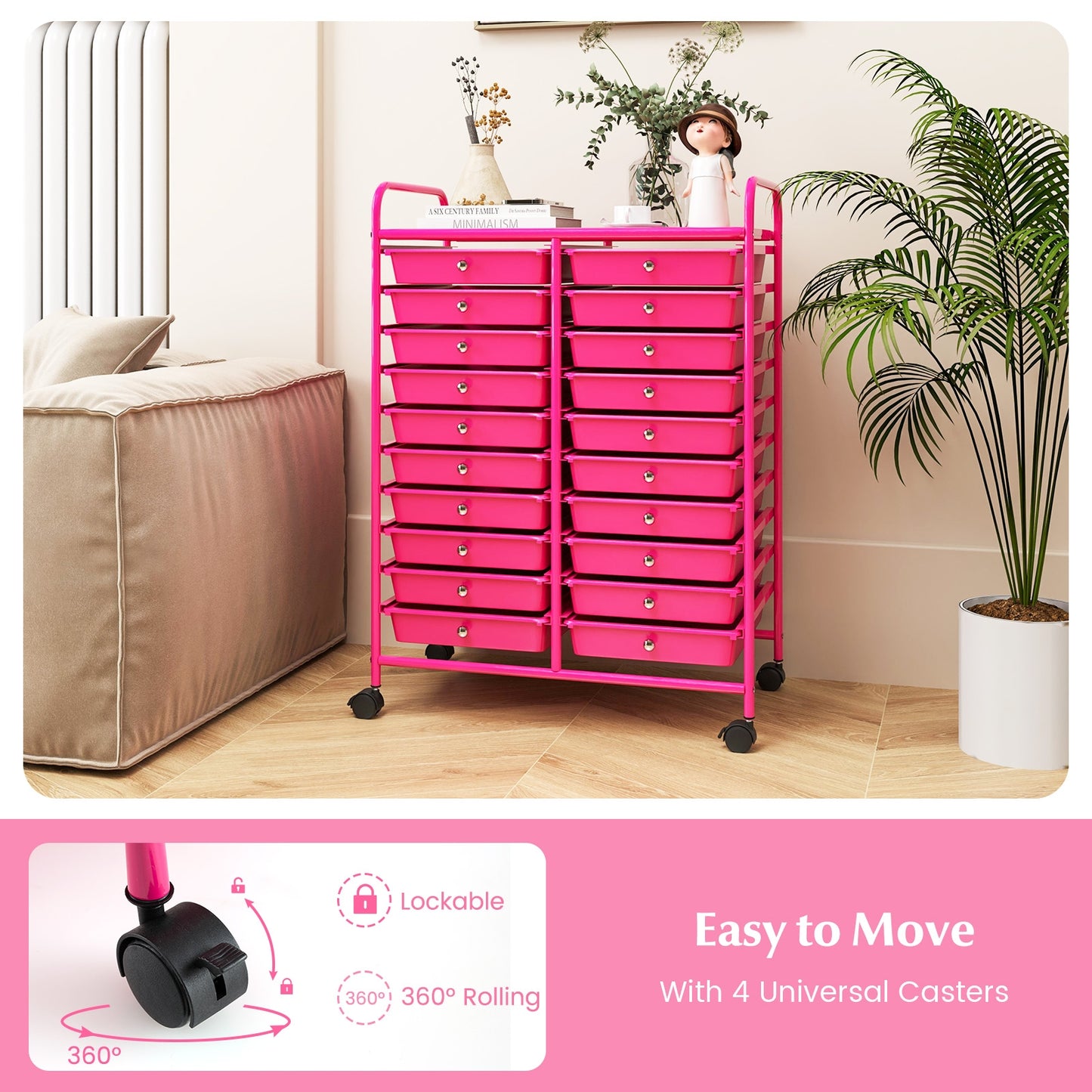 20 Removable Drawers Rolling Storage Cart Studio Organizer-Pink Kids Crystal