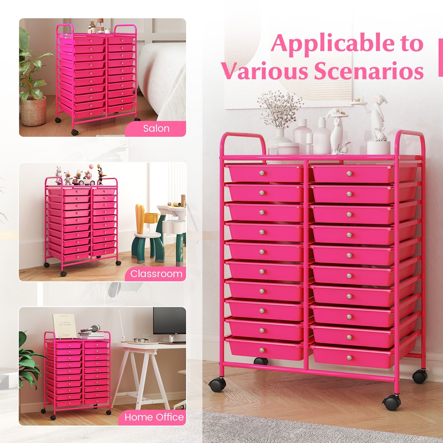20 Removable Drawers Rolling Storage Cart Studio Organizer-Pink Kids Crystal
