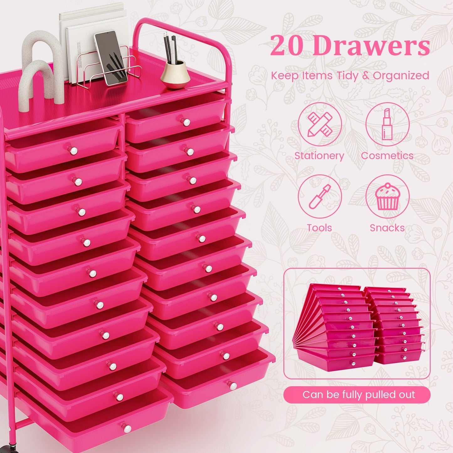 20 Removable Drawers Rolling Storage Cart Studio Organizer-Pink Kids Crystal