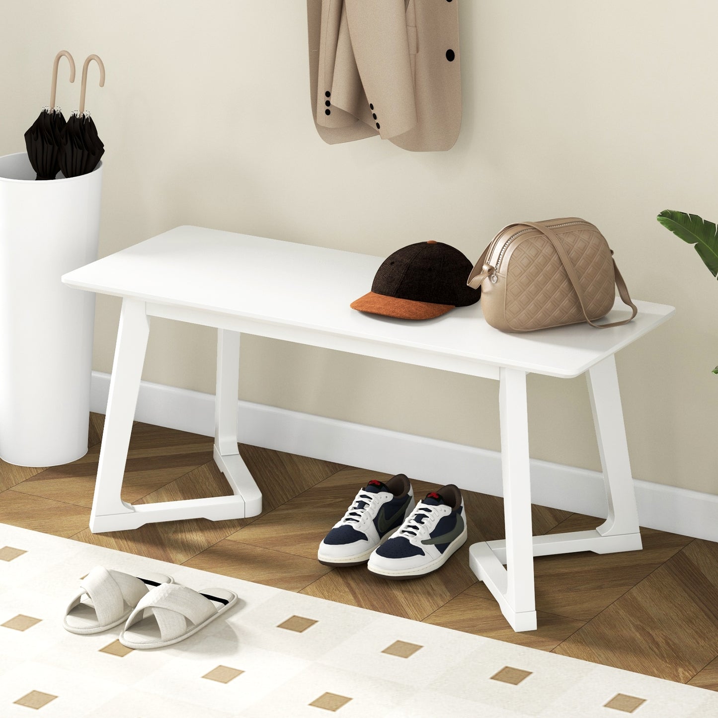 42 Inch Modern Entryway Bench Long Dining Bench with Rubber Wood Legs-White Kids Crystal
