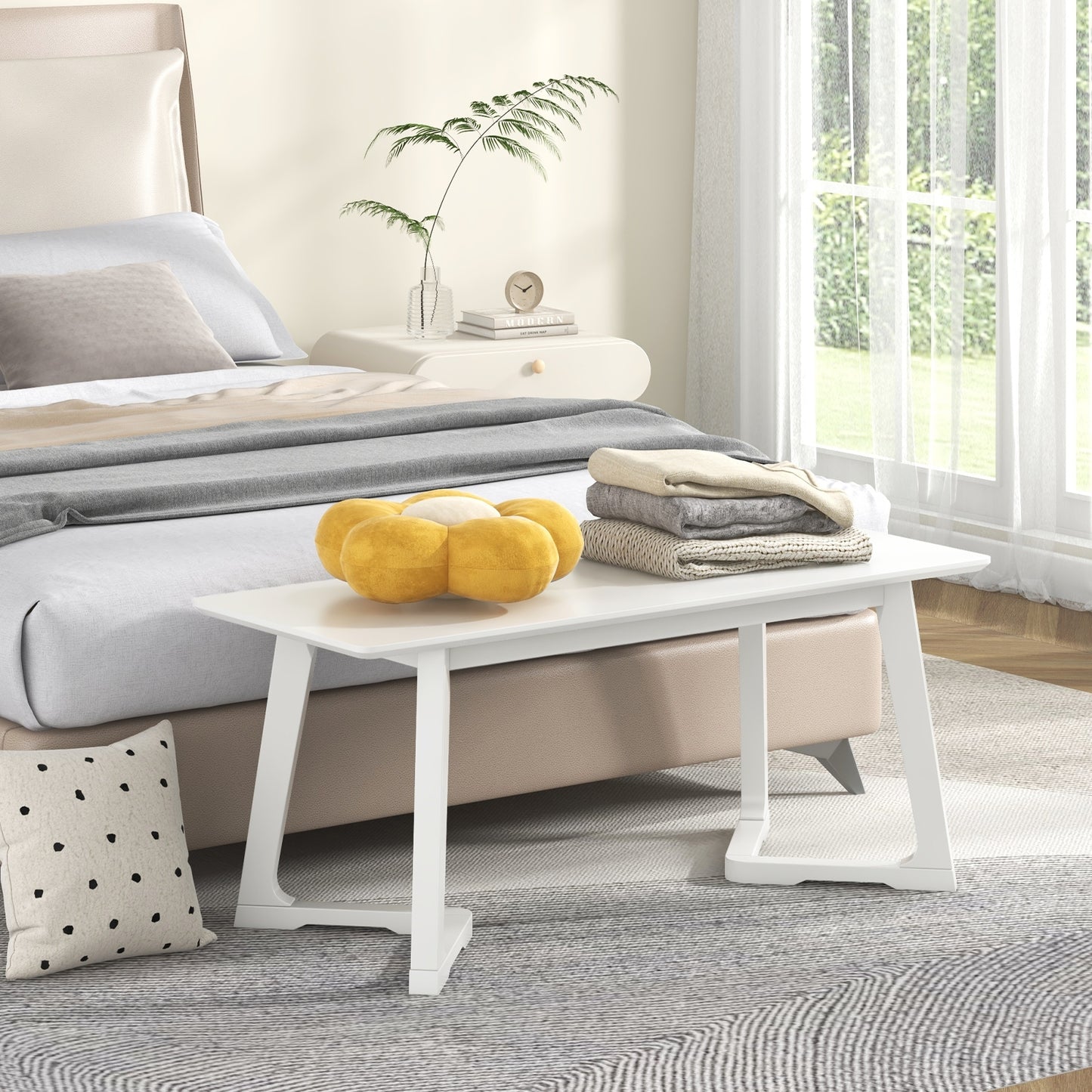 42 Inch Modern Entryway Bench Long Dining Bench with Rubber Wood Legs-White Kids Crystal