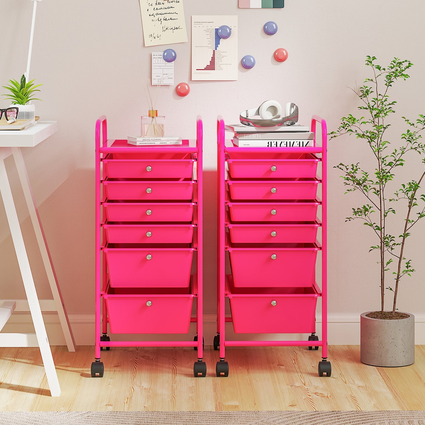 Multifunctional 6 Drawers Rolling Storage Cart Organizer-Rose Red Kids Crystal