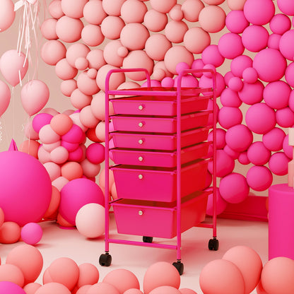 Multifunctional 6 Drawers Rolling Storage Cart Organizer-Rose Red