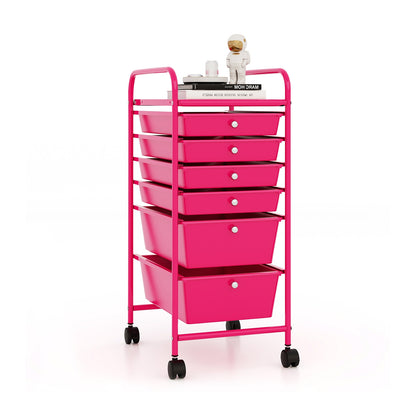 Multifunctional 6 Drawers Rolling Storage Cart Organizer-Rose Red
