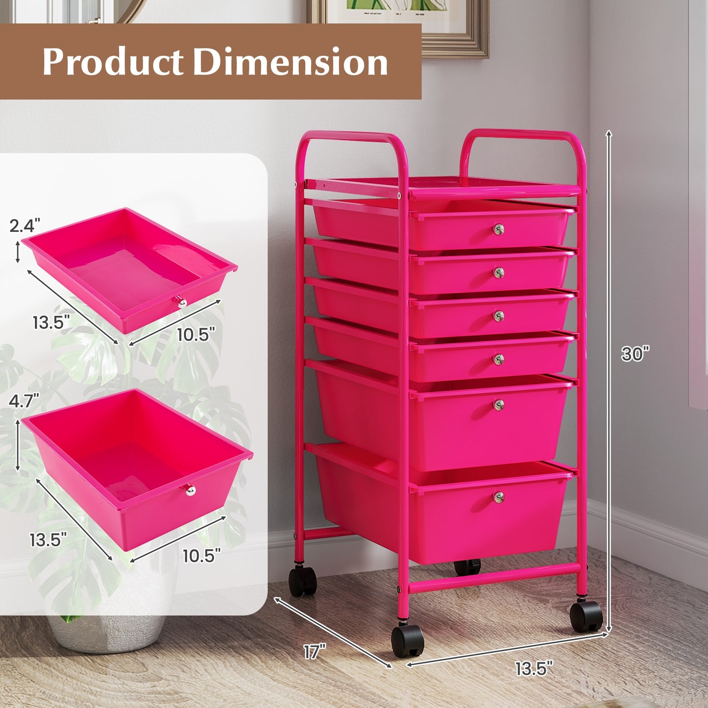 Multifunctional 6 Drawers Rolling Storage Cart Organizer-Rose Red Kids Crystal